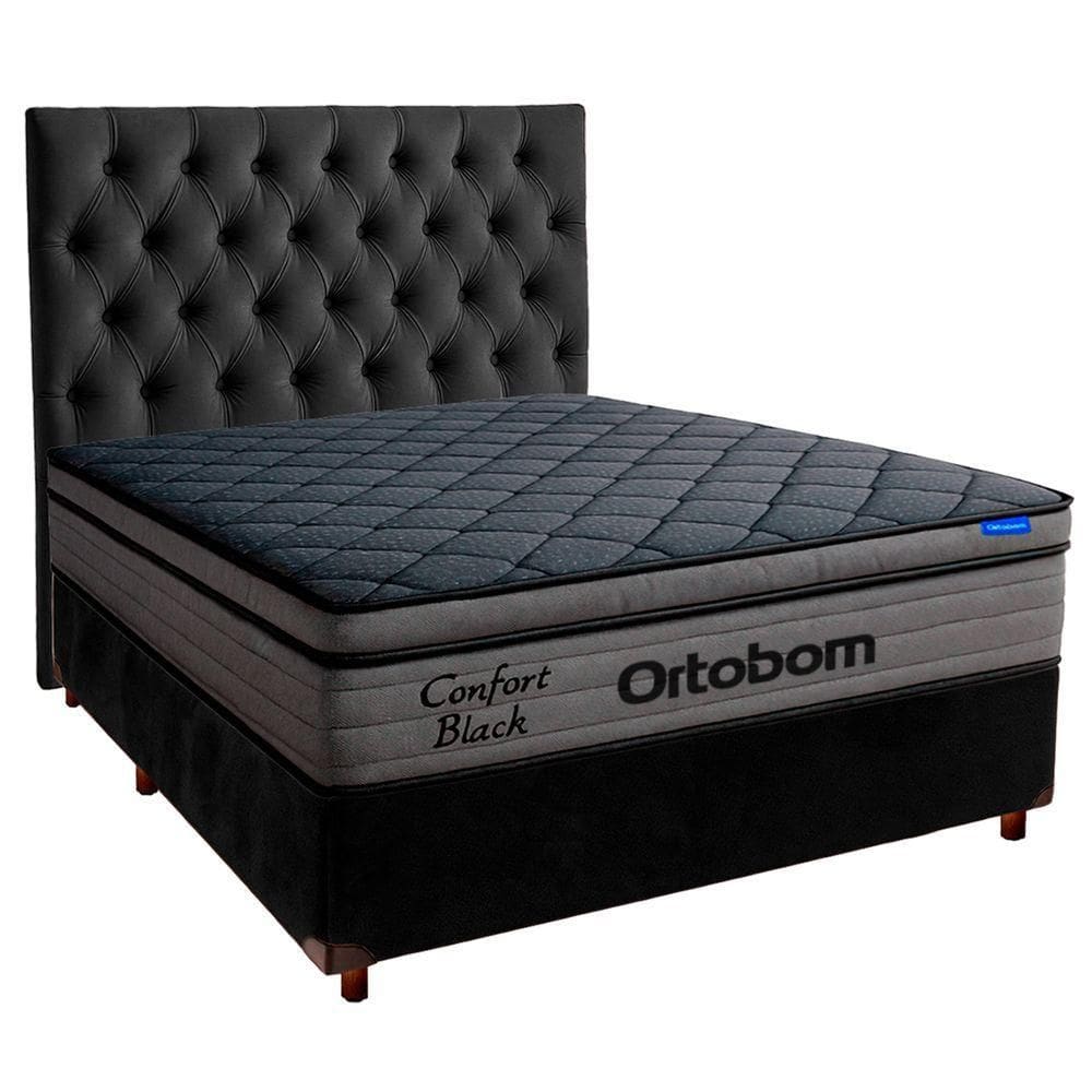 Cama Box Preto+cabeceira+colchão Casal Confort Black Ortobom