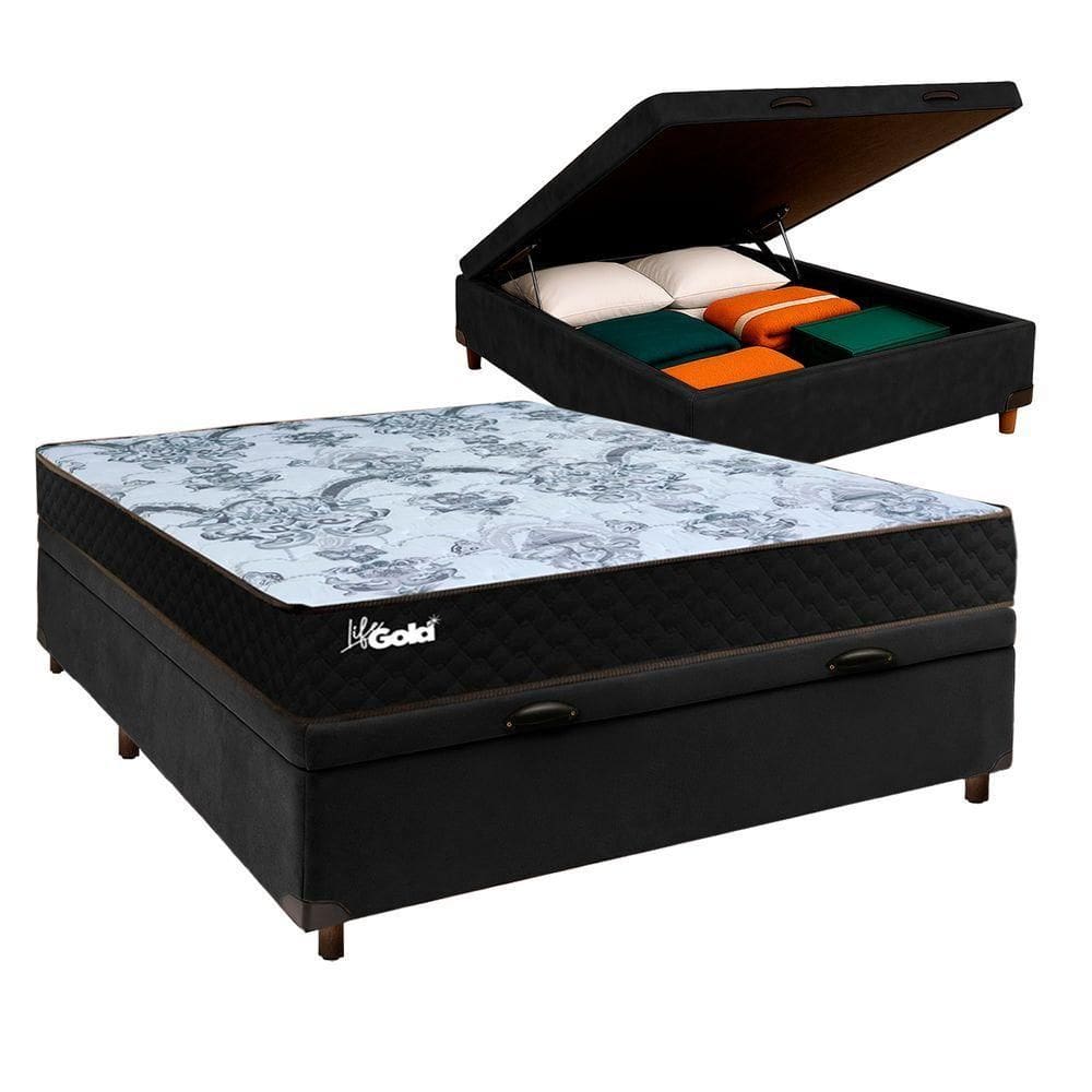 Conjunto Cama Box Bau Blindado Casal + Colchão Molas Ensacadas Life Gold Paropas