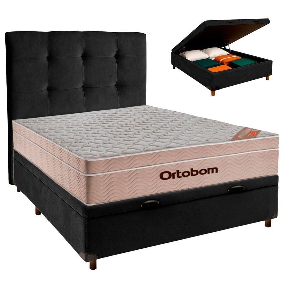 Kit Cabeceira + Cama Box Bau + Colchão Casal Molas Ensacadas Airtech Ortobom