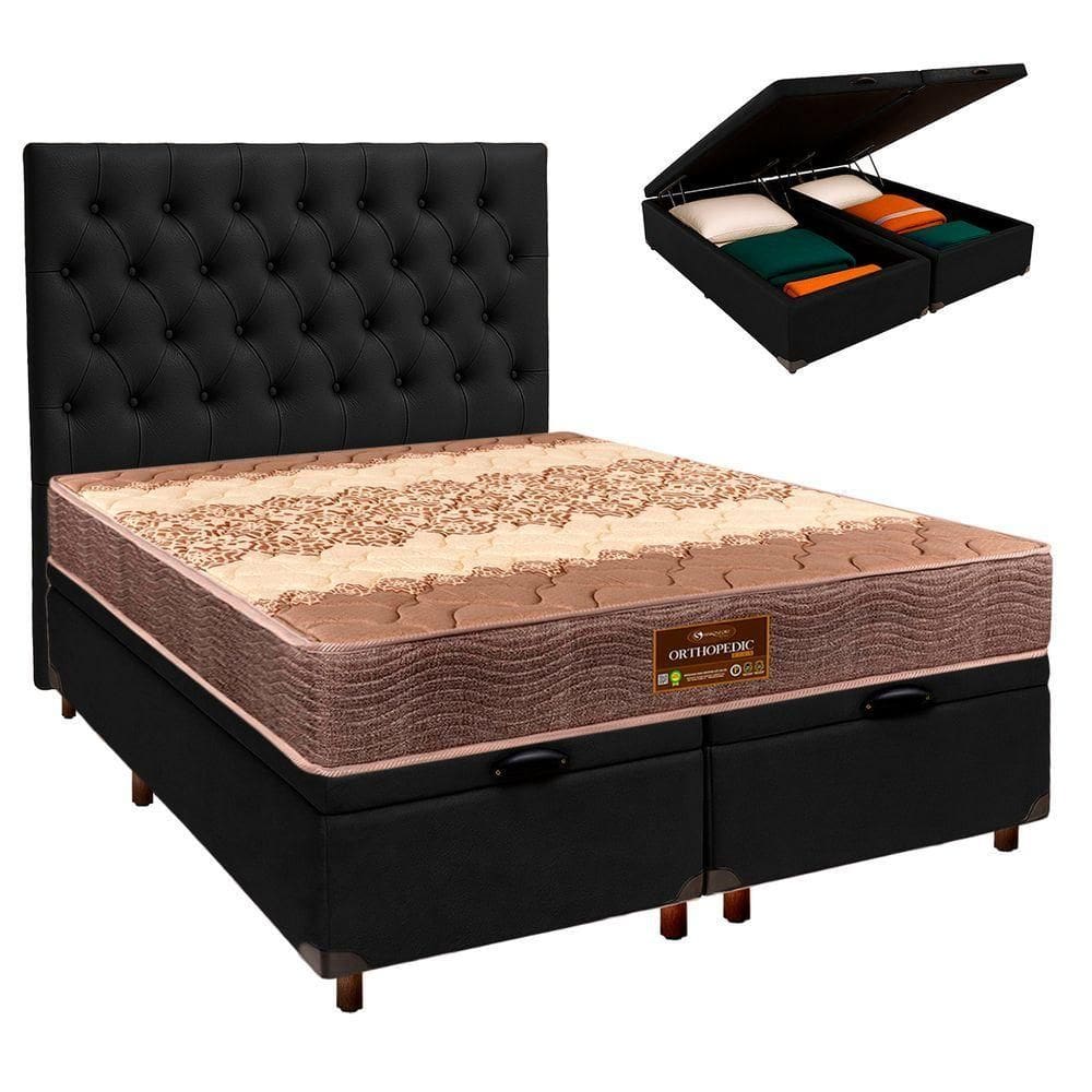 Conjunto Cama Box Bau Blindado Casal + Colchão D26 Ortophedic Sankonfort + Cabeceira