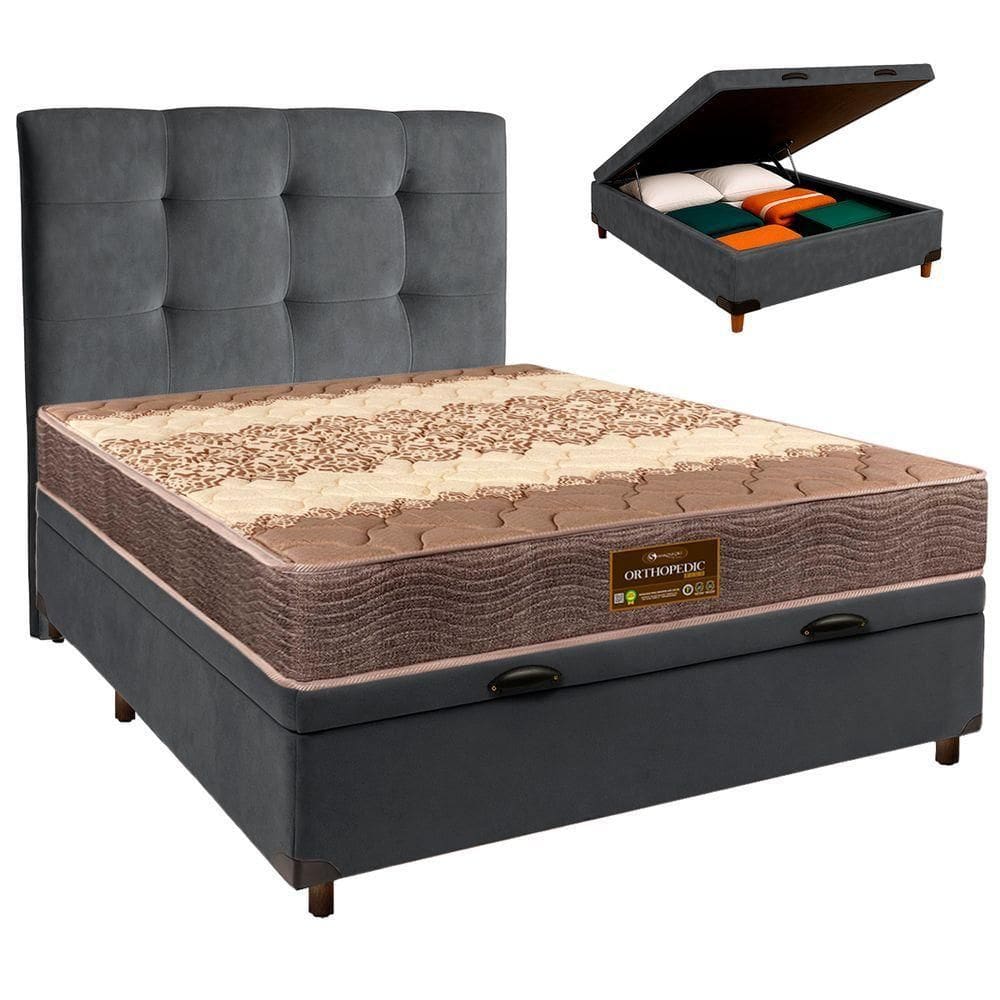 Cama + Bau Cinza E Colchão D26 Casal - Ortophedic Sankonfort + Cabeceira