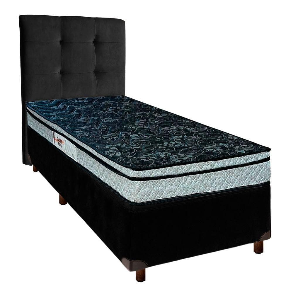 Cama + Box Preto E Colchão D28 Solteiro - Conforto Paropas + Cabeceira