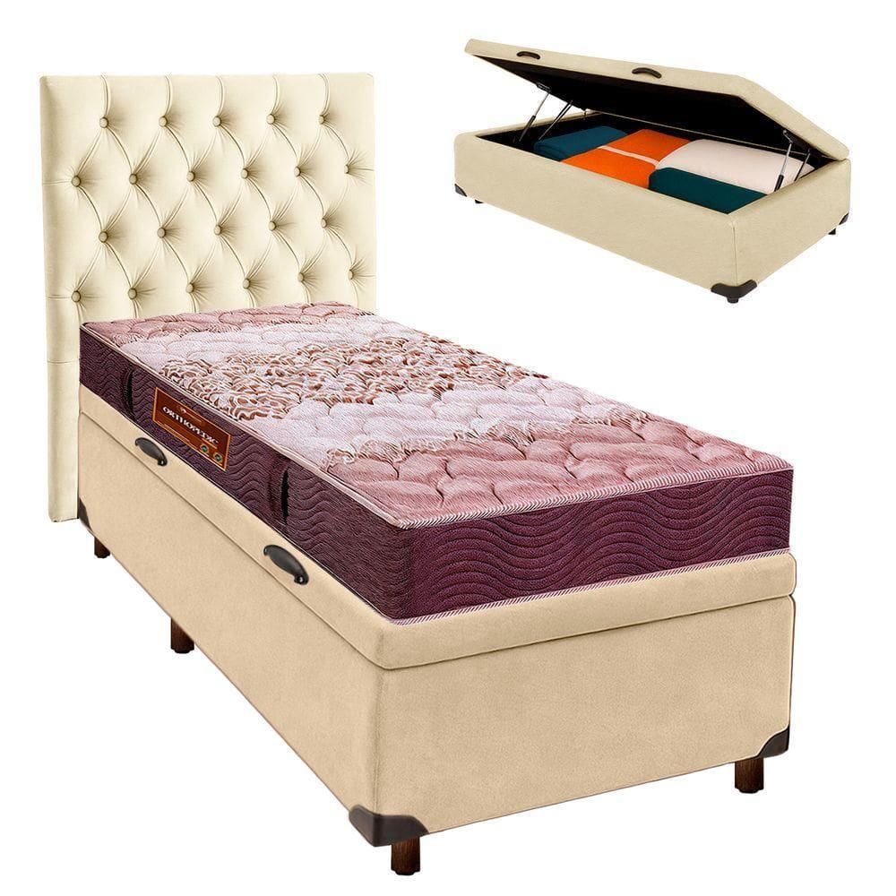 Conjunto Cama Box Bau Blindado Solteiro + Colchão D26 Ortophedic Sankonfort + Cabeceira