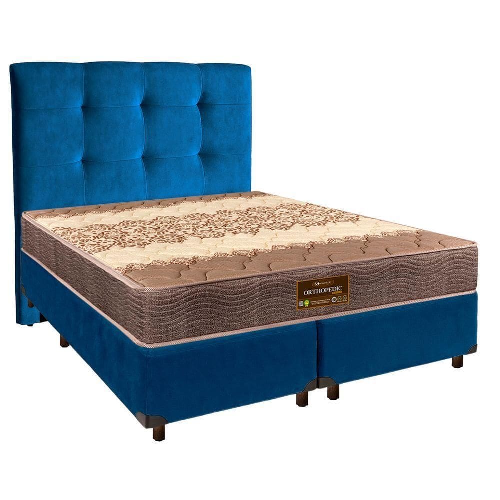 Cama + Box Azul E Colchão D26 Queen - Ortophedic Sankonfort + Cabeceira