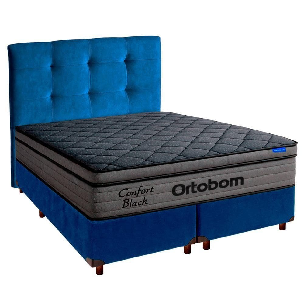 Cama Box Azul+cabeceira+colchão Casal Confort Black Ortobom