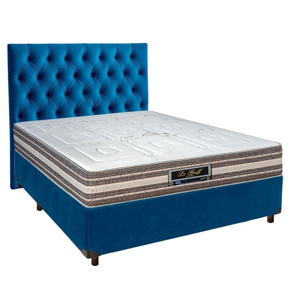 Cama + Box Azul E Colchão Molas Ensacadas Casal - Legriff Sankonfort + Cabeceira