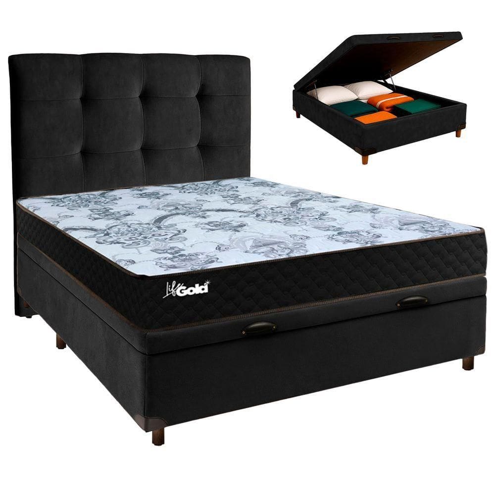 Cama + Bau Preto E Colchão Molas Ensacadas Casal - Life Gold Paropas + Cabeceira