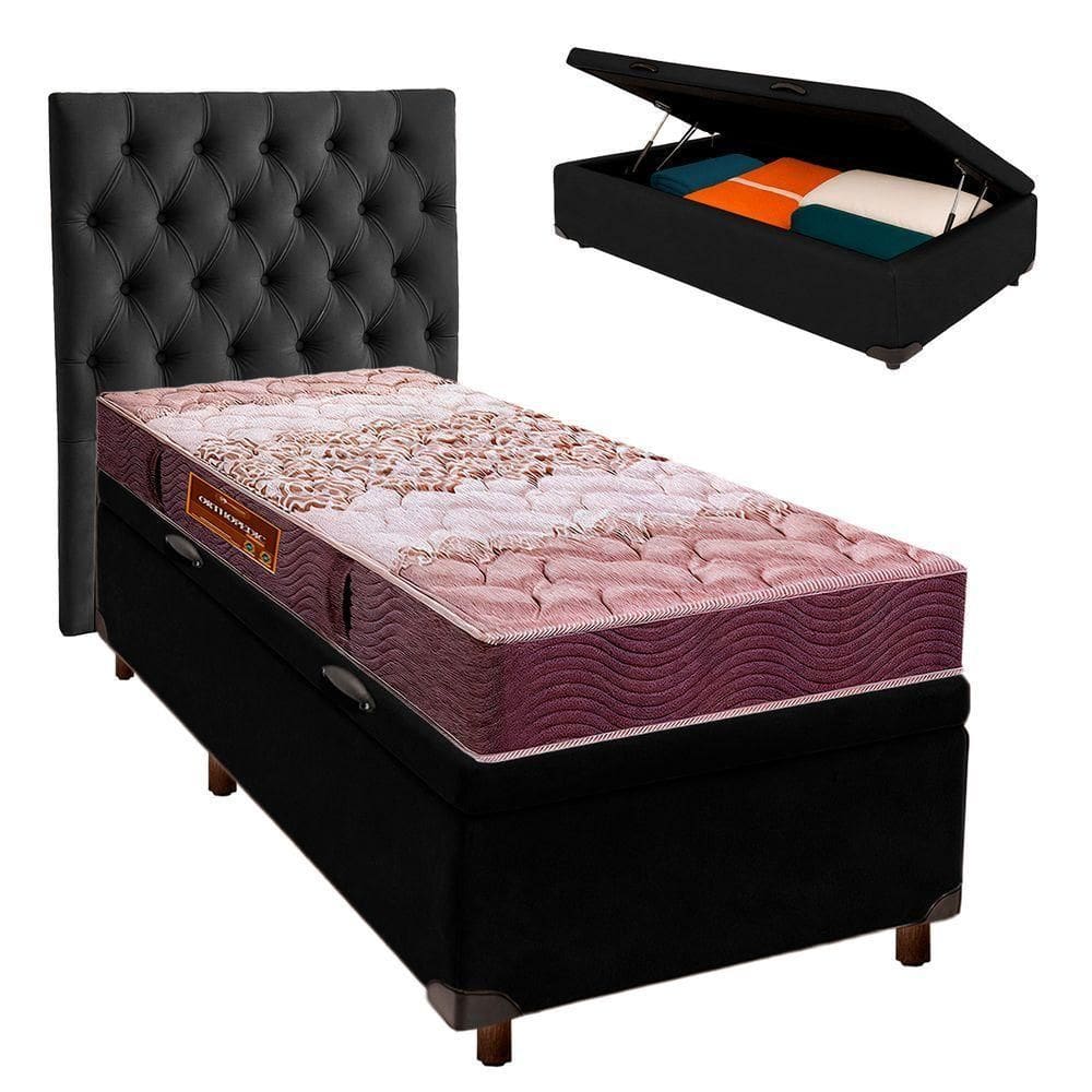 Cama + Bau Preto E Colchão D26 Solteiro - Ortophedic Sankonfort + Cabeceira