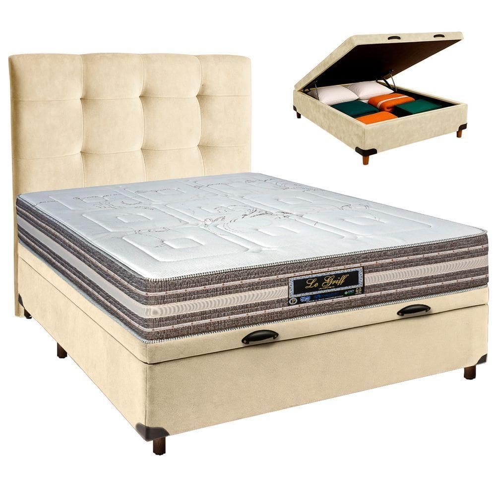Cama + Bau Perola E Colchão Molas Ensacadas Casal - Legriff Sankonfort + Cabeceira
