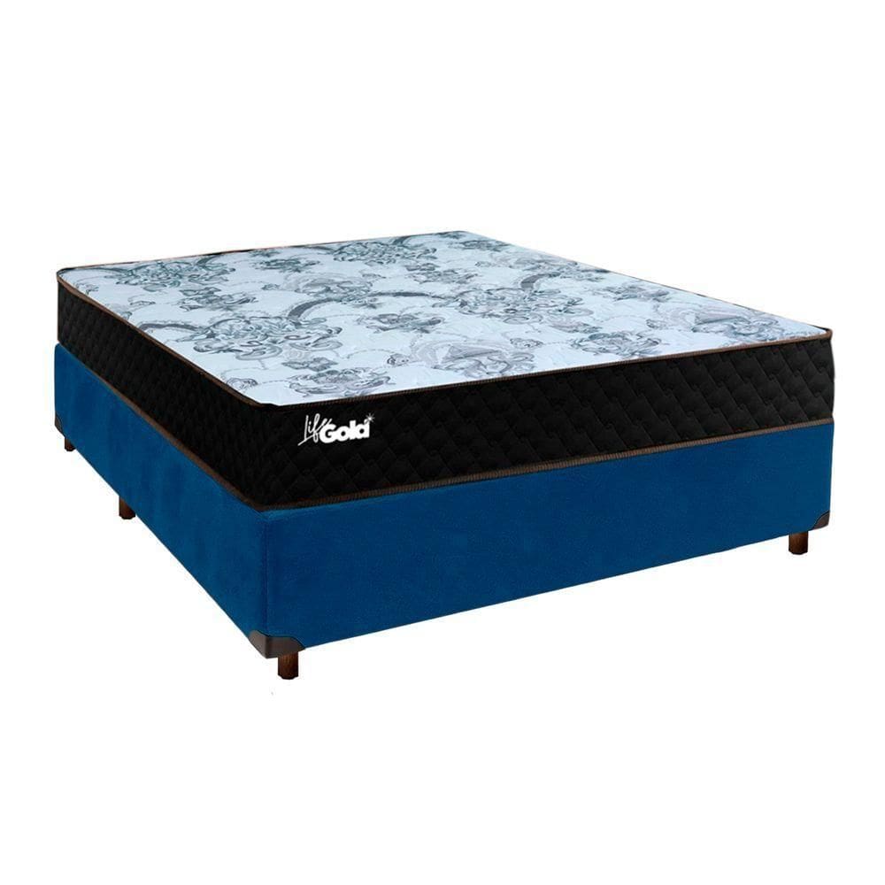 Conjunto Cama Box Azul Casal + Colchão Molas Ensacadas Life Gold Paropas