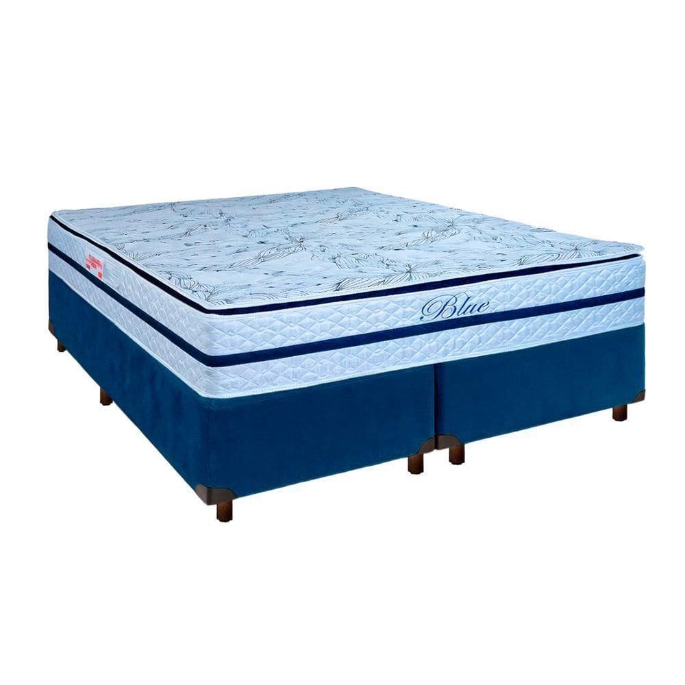 Cama + Box Azul E Colchão Molas Ensacadas Queen - Blue Paropas