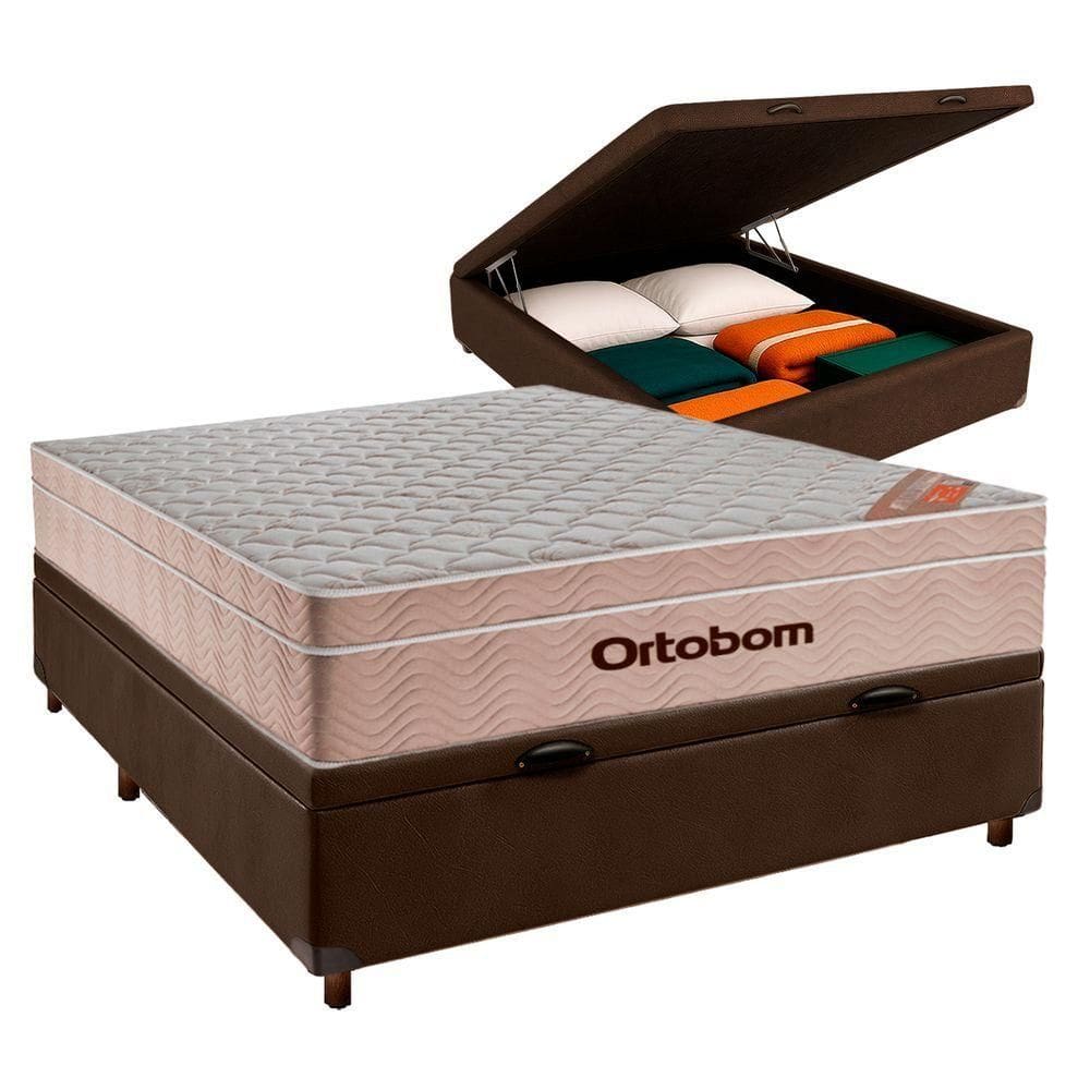 Cama Box Bau Marrom Casal + Colchão Molas Ensacadas Airtech Ortobom