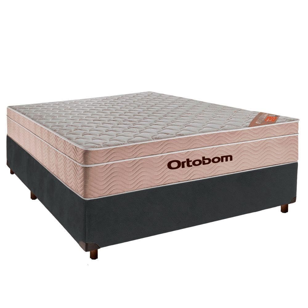 Conjunto Cama Box Cinza Casal + Colchão Molas Ensacadas Airtech Ortobom