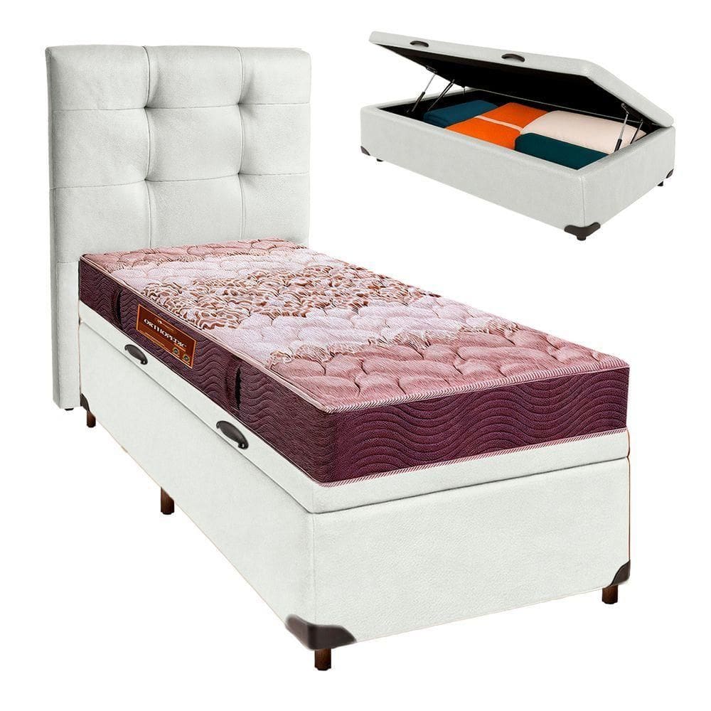 Conjunto Cama Box Bau Branco Solteiro + Colchão D26 Ortophedic Sankonfort + Cabeceira