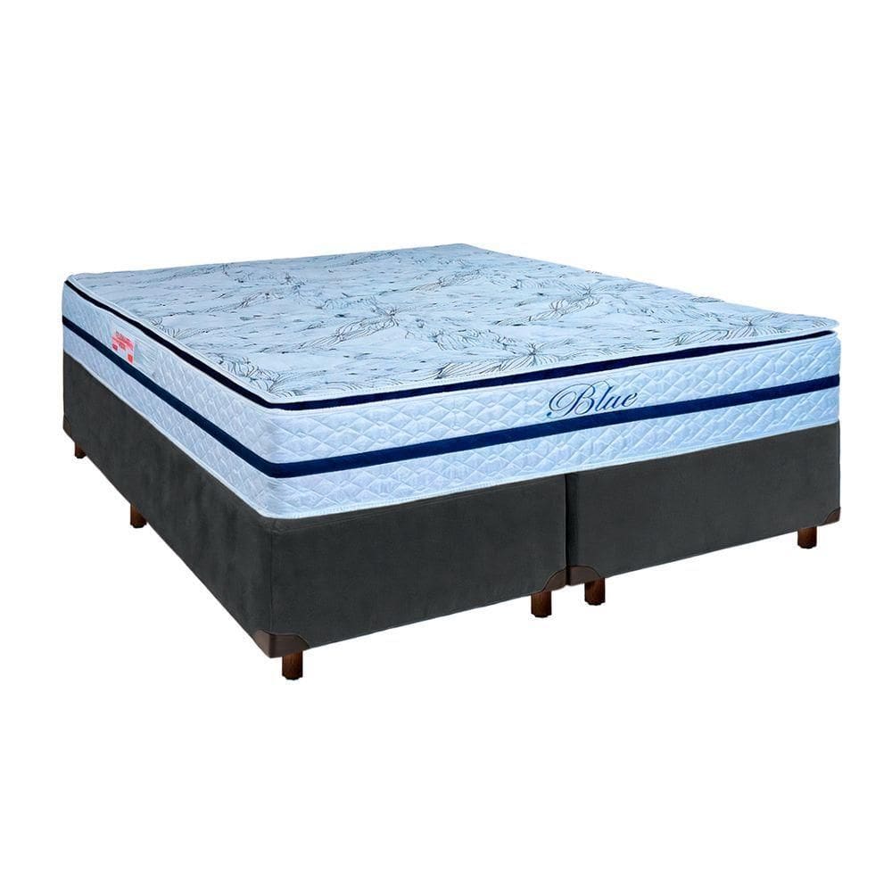 Cama Box Cinza Queen + Colchão Molas Ensacadas Blue Paropas