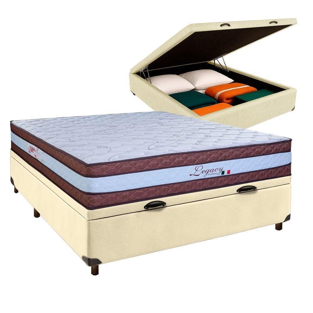 Conjunto Cama Box Bau Bege Casal + Colchão Molas Ensacadas Legaccy Paropas