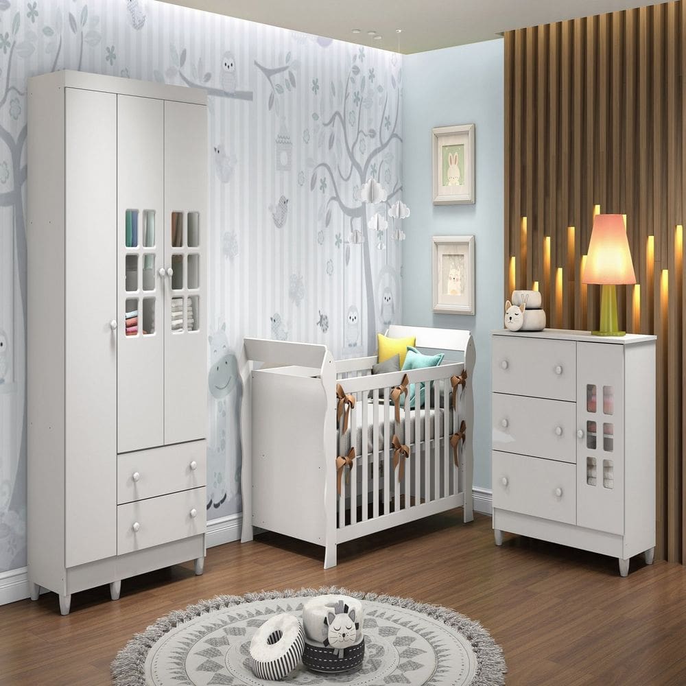Dormitório Completo Roupeiro 3 Portas Maria, Cômoda Fraldário e Berço Mini Cama 3x1 Lara Branco Brilho