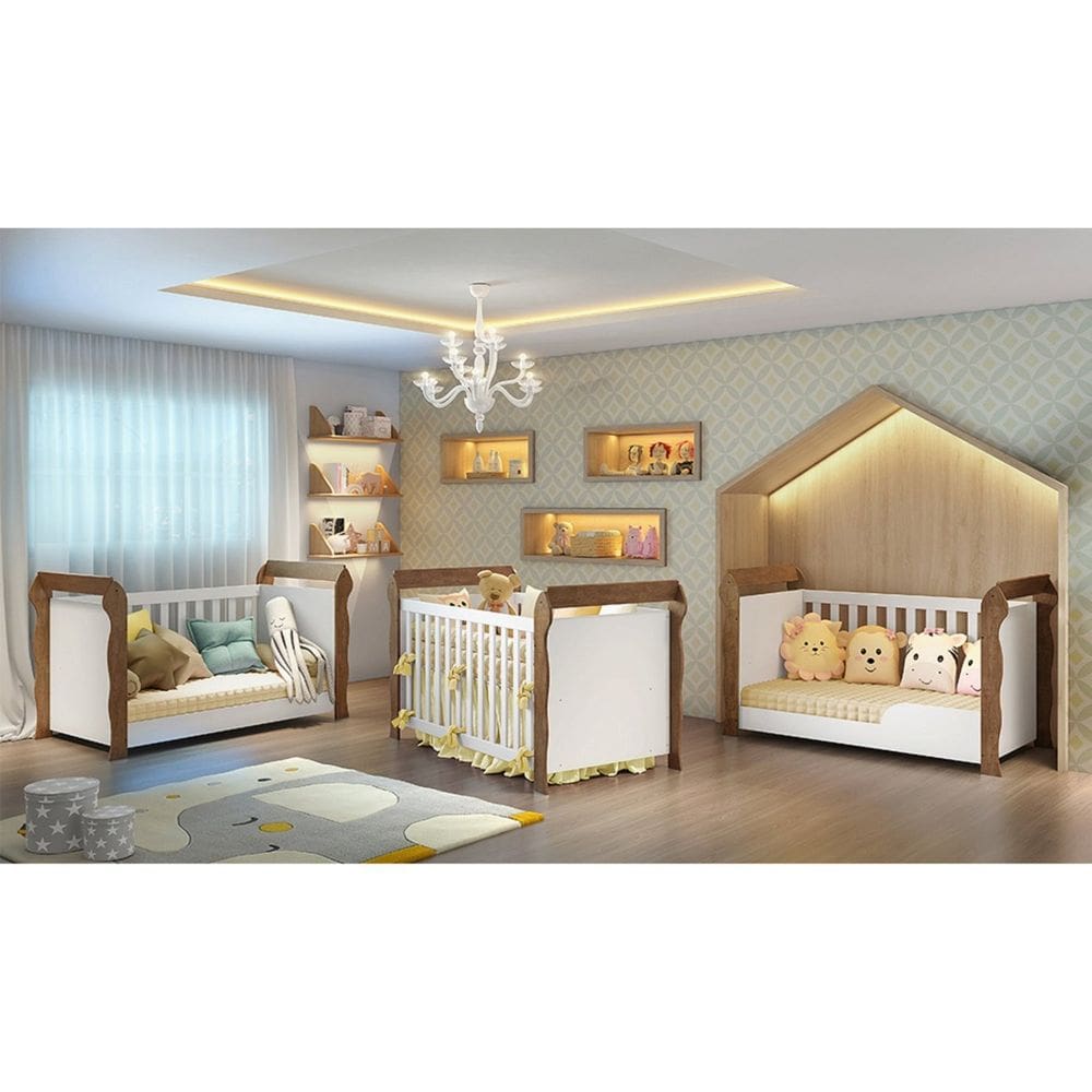 Dormitório Completo Roupeiro 3 Portas Maria, Cômoda Fraldário e Berço Mini Cama 3x1 Lara Branco/Amadeirado