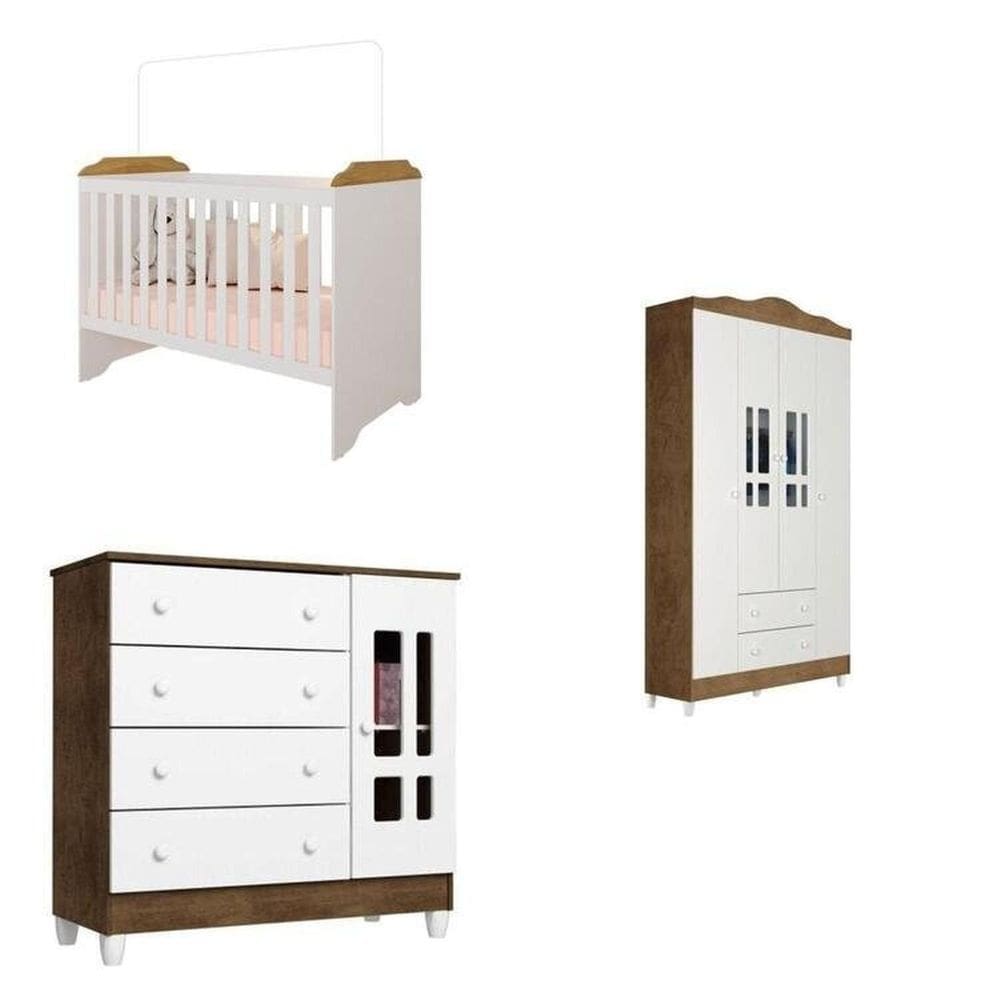 Conjunto de Quarto Infantil Guarda-roupa de Bebê 4 Portas, Cômoda Infantil e Berço Mel Marrom/Branco