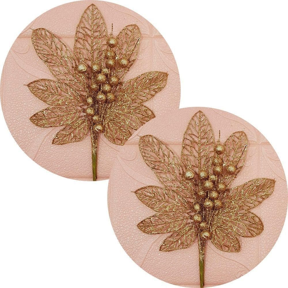 Flores Enfeite árvore Natal Gliter Dourado De 45cm Kit 6pçs