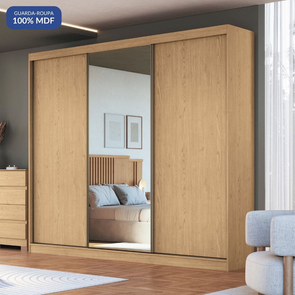 Guarda-roupa 3 Portas de Correr 4 Gavetas com 1 Espelho 100% Mdf Imperial New Angelin/Duna