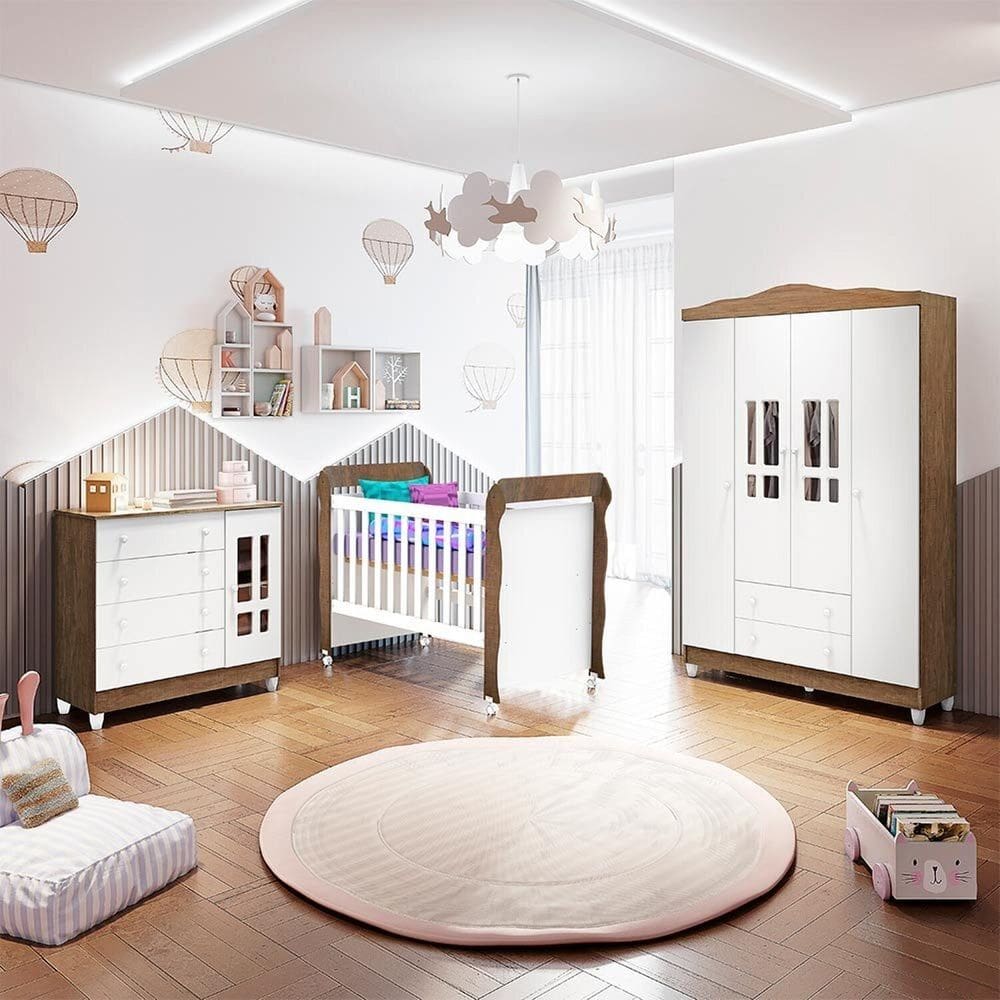 Quarto de Bebê com Guarda-roupas 4 Portas, Cômoda Fraldário e Berço Mini Cama Ariel Mirelle Espresso Branco/Bétula