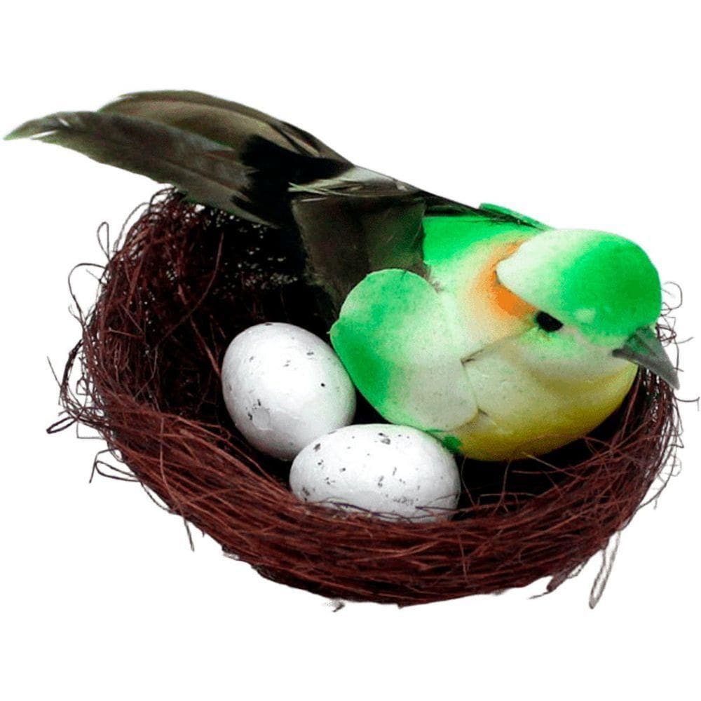 Enfeite Decorativo Pássaro Verde Ninho Ovos 5x15cm