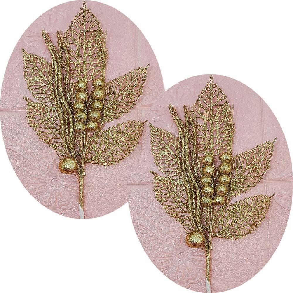 Folhas Flores Enfeite Natal Gliter Dourado De 45cm Kit 12pçs