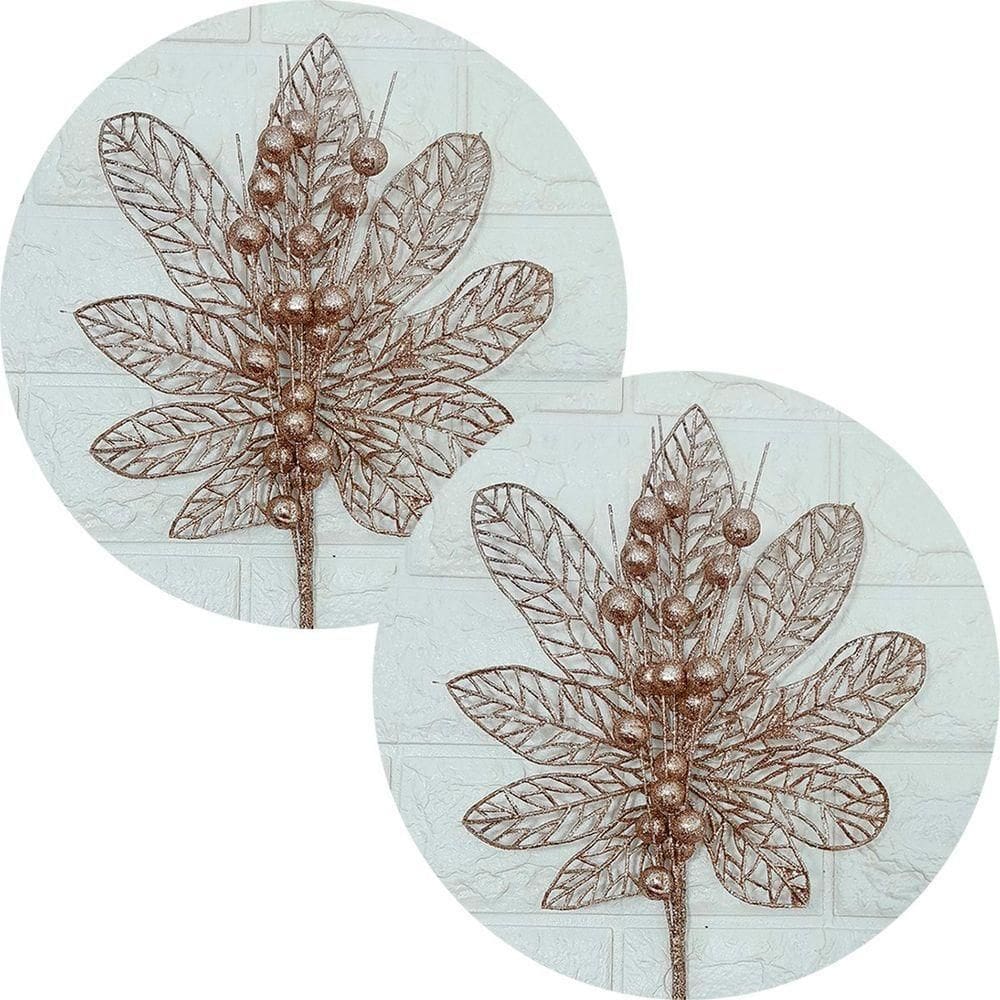 Flores Enfeite árvore Natal Gliter Rose Gold 45cm Kit 12pçs