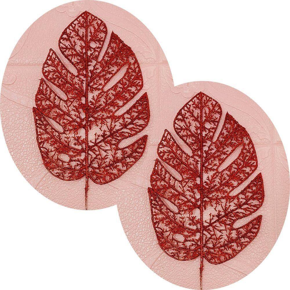 Folhas Flores Enfeite Natal Gliter Vermelho 35cm Kit 8pçs