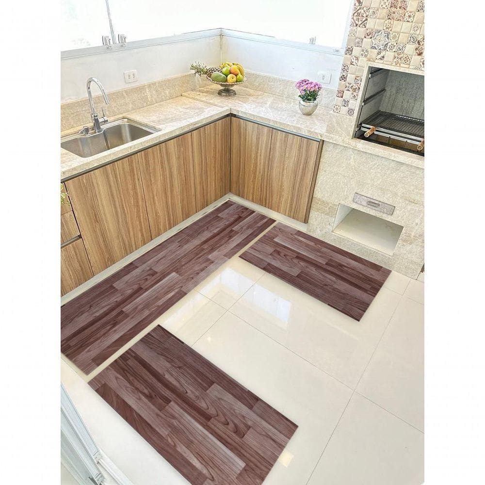 Kit 3 Peças Jogo Cozinha Passadeira Manta Vinilico Laminado Madeira Marrom Escuro