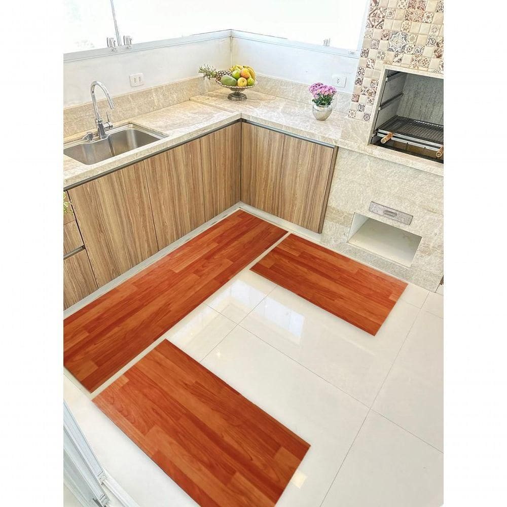Kit 3 Peças Jogo Cozinha Passadeira Manta Vinilico Laminado Madeira Marrom Claro