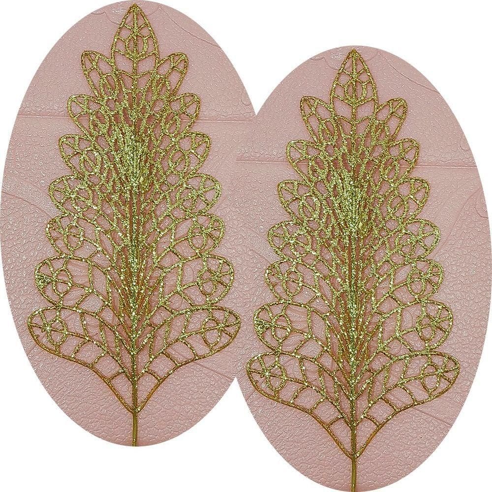 Folhas Flores árvore Natal Gliter Dourado De 40cm Kit 8pçs