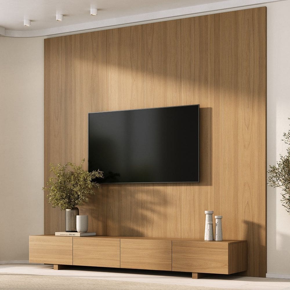 Rack com Painel para Tv até 86 Polegadas Liso 240x250cm Aruá Cabecasa Madeiraoriginals Jatoba