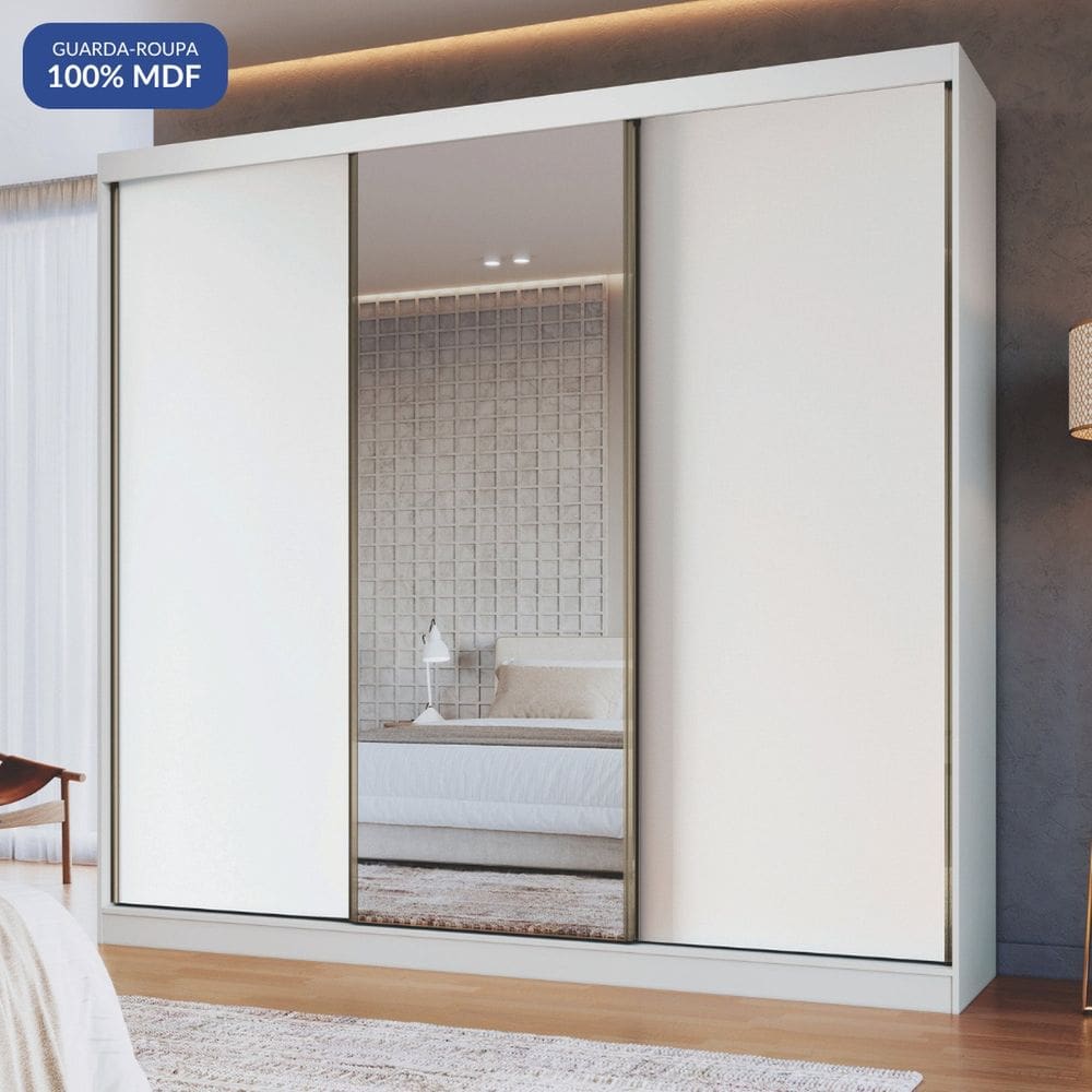 Guarda-roupa 3 Portas de Correr 4 Gavetas com 1 Espelho 100% Mdf Imperial New Branco Line