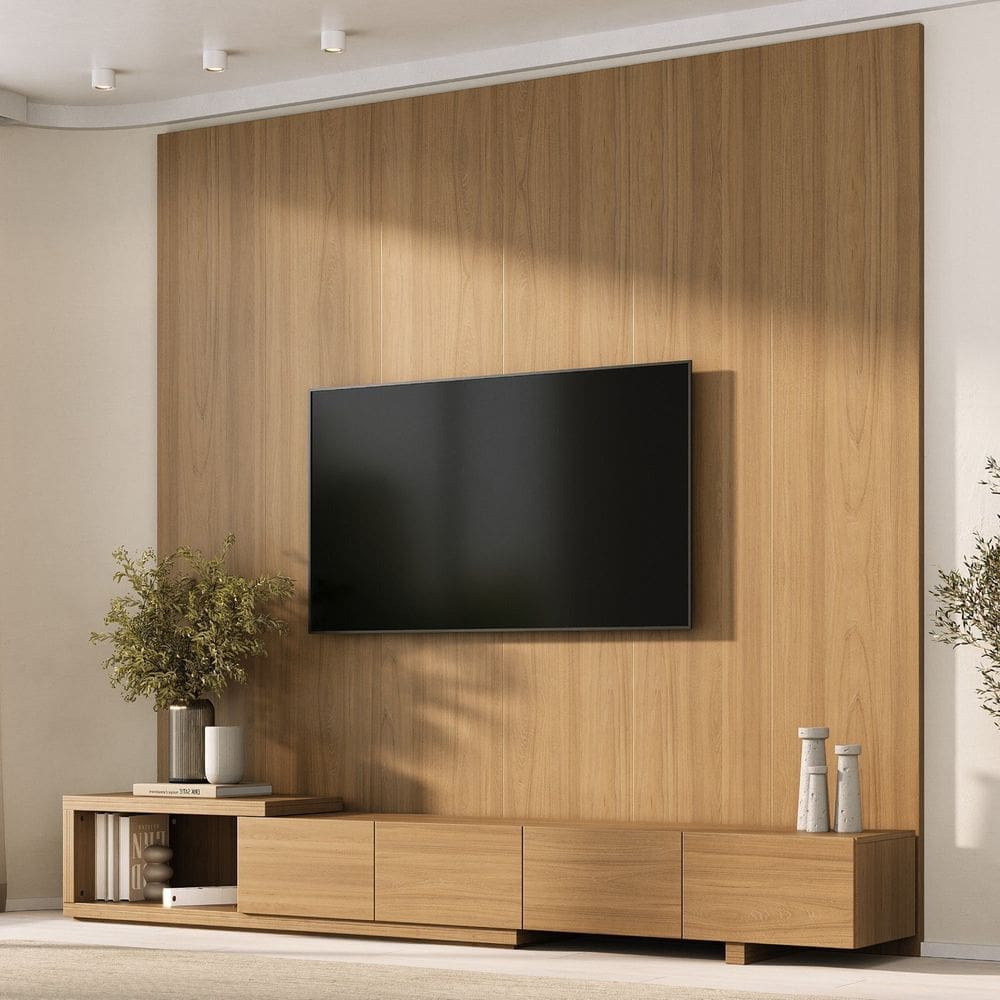 Rack Extensível com Painel para Tv até 86 Polegadas Liso 240x230cm Aruá Cabecasa Madeiraoriginals Jatoba