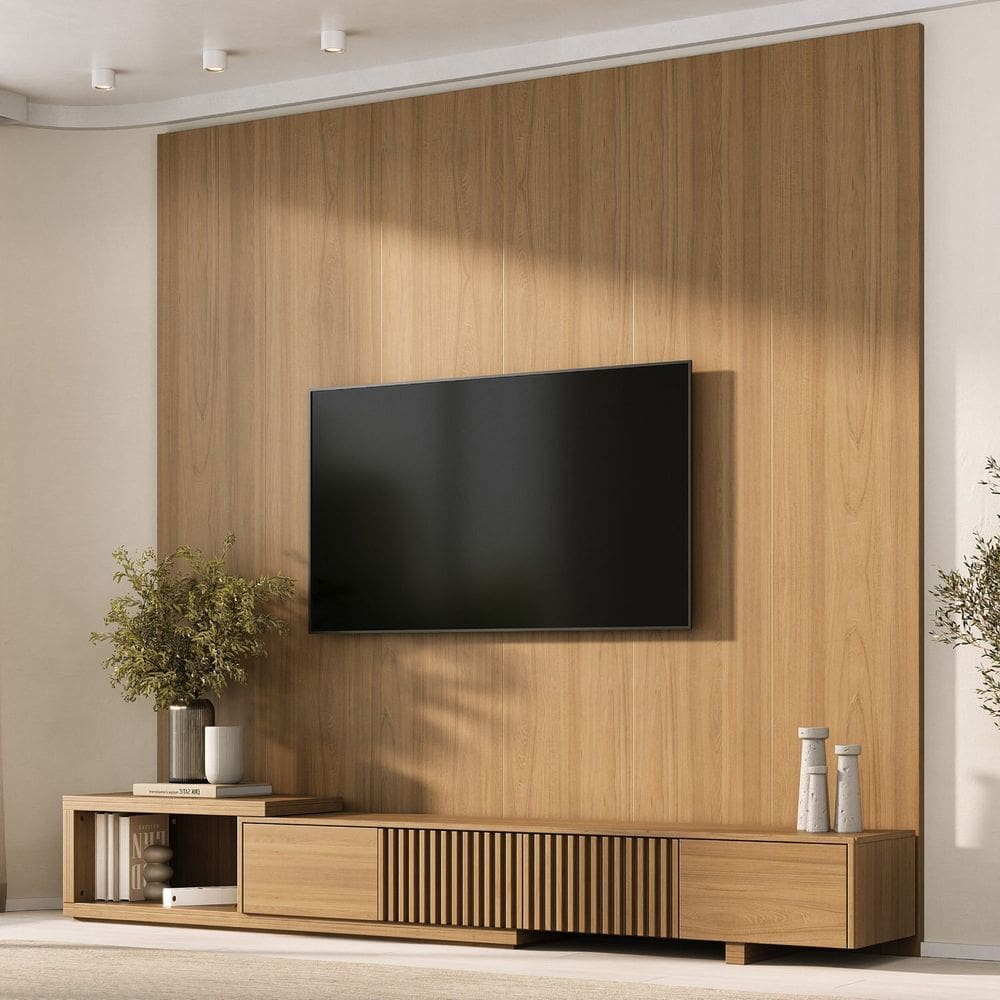 Rack Extensível com Painel para Tv até 86 Polegadas Ripado 240x230cm Aruá Cabecasa Madeiraoriginals Jatoba