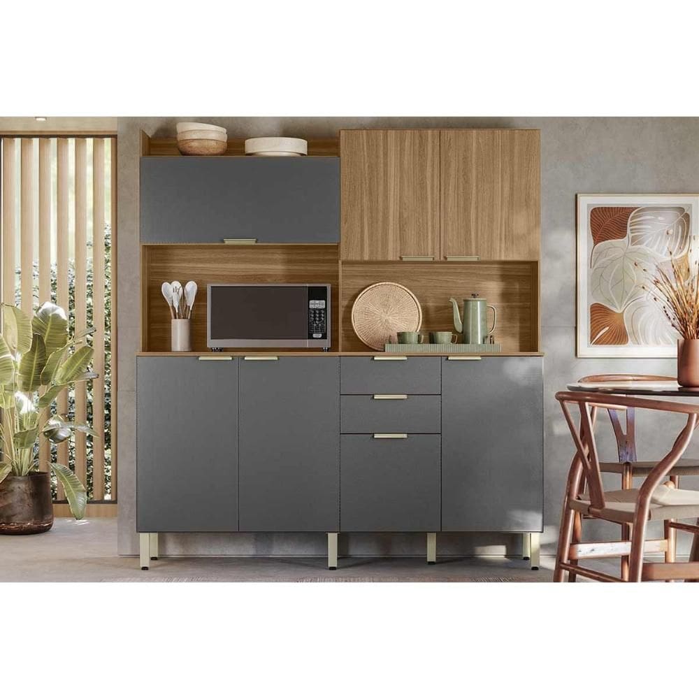 Kit de Cozinha Compacta Pitaya c/ 7 Portas e 2 Gavetas 178cm Amendola/Grafito Prime TX - Demóbile