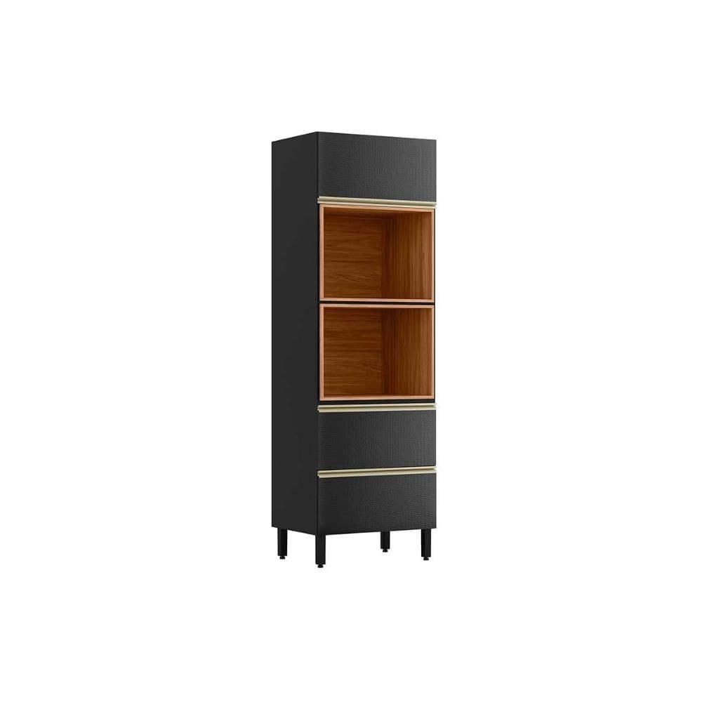 Paneleiro de Cozinha Proença Torre Quente c/ 2 Portas 1 Gaveta e 2 Nichos p/ Forno 70cm Nogueira/Carbono Prime TX - Demóbile
