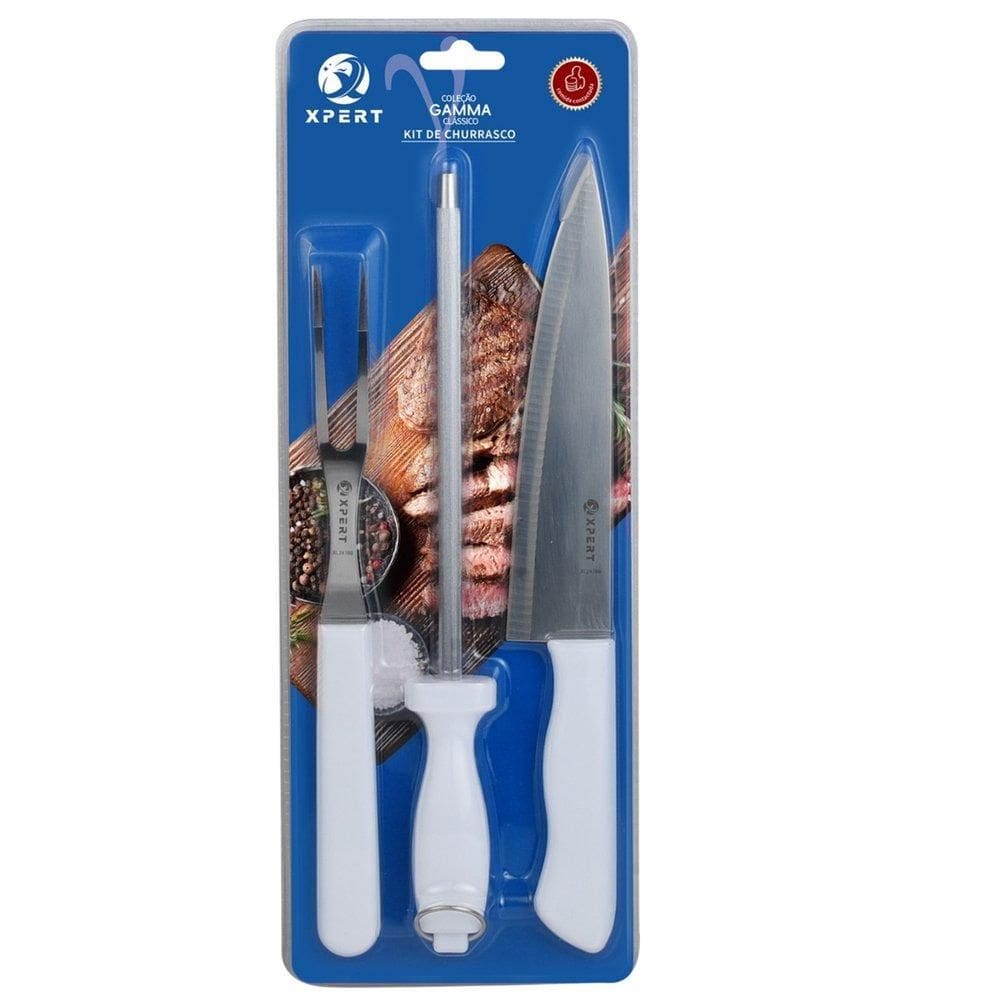 Kit 3 Peças Para Churrasco Faca Garfo Chaira - Aço Inox