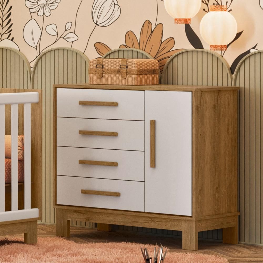 4355- Comoda Sap. 1Pt/4Gav Q Encanto Slim Freijo Toq/Branco Acetinado (4355.35)