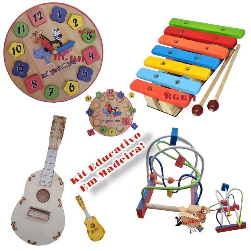 Kit Brinquedo Pedagógico Relógio Aramado Xilofone E Violão