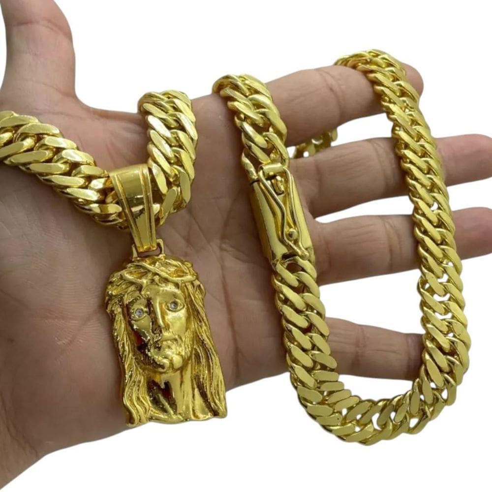 Cordão 13Mm Grumet + Pingente Jesus - Banhado A Ouro 18K