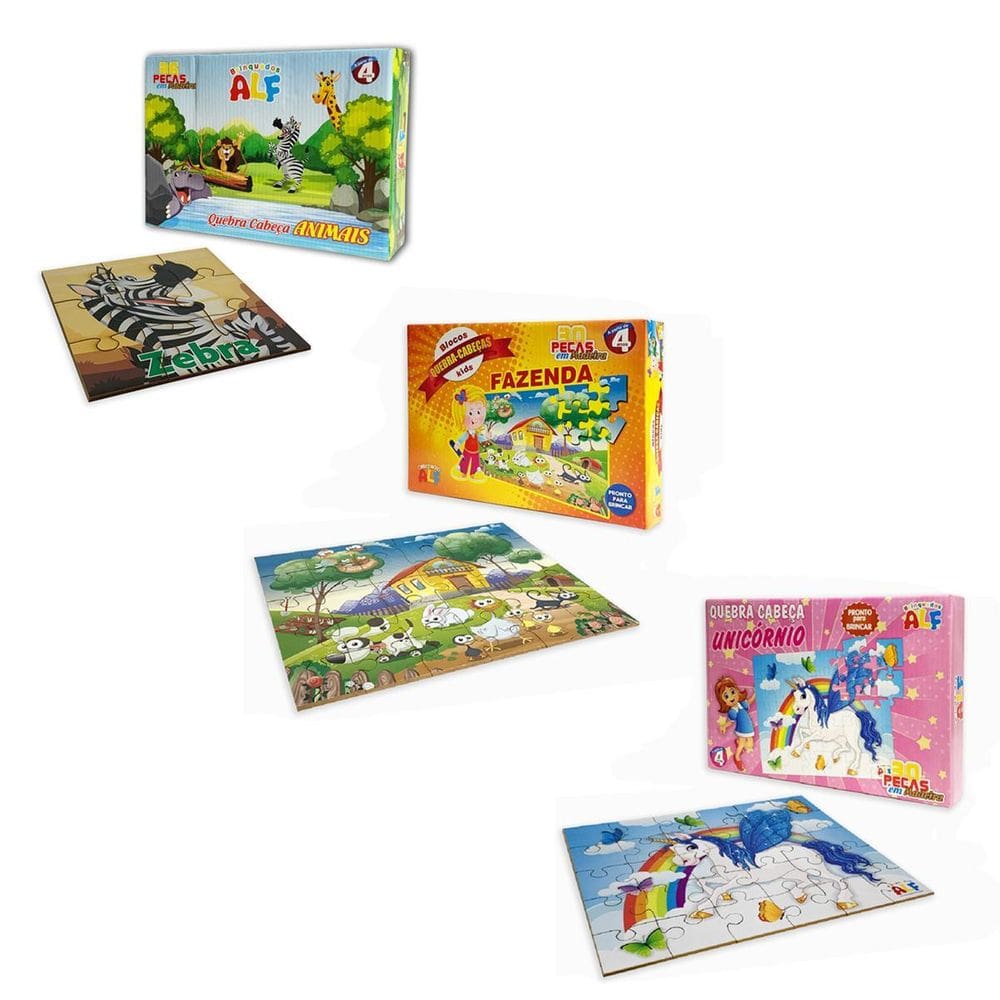 Kit Completo 3 Quebra Cabeça Infantil Divertido Em Madeira K