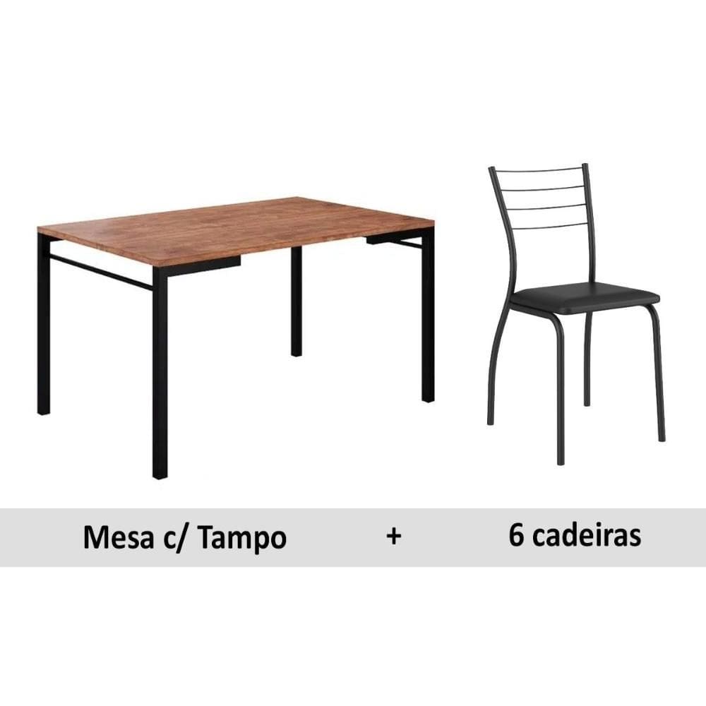 Sala de Jantar Completa 1526 Aço c/ Tampo Madeirado 136x90cm e 6 Cadeiras 1700 Preto/Native - Preto/Preto - Carraro
