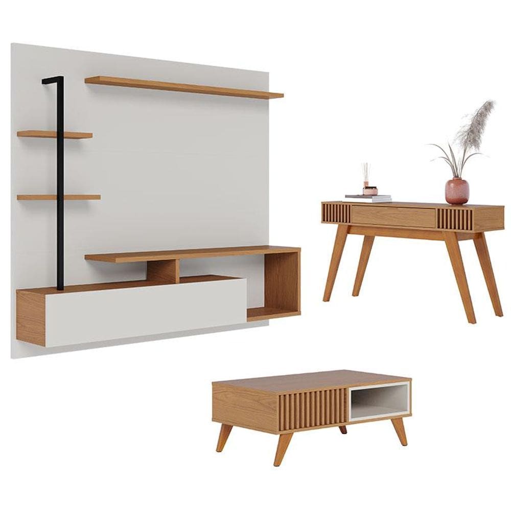 Painel para Tv Home Suspenso Maragogi Off White Freijó com Mesa de Centro Jeri Freijó Off White e Aparador Riviera Freijó - Colibri