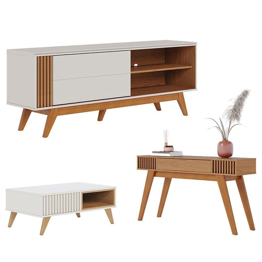 Rack Bancada Otawa com Mesa de Centro Jeri Off White Freijó e Aparador Riviera Freijó - Colibri