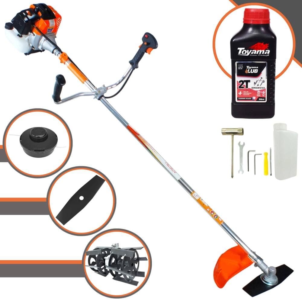 Podador de Grama Vulcan VR430S À Gasolina 1,7HP de Potência 43cc 10000rpm Roçadeira Com Carretel + Faca 2 Pontas + Enxada Capinadeira + ÓLEO TOYAMA 2T