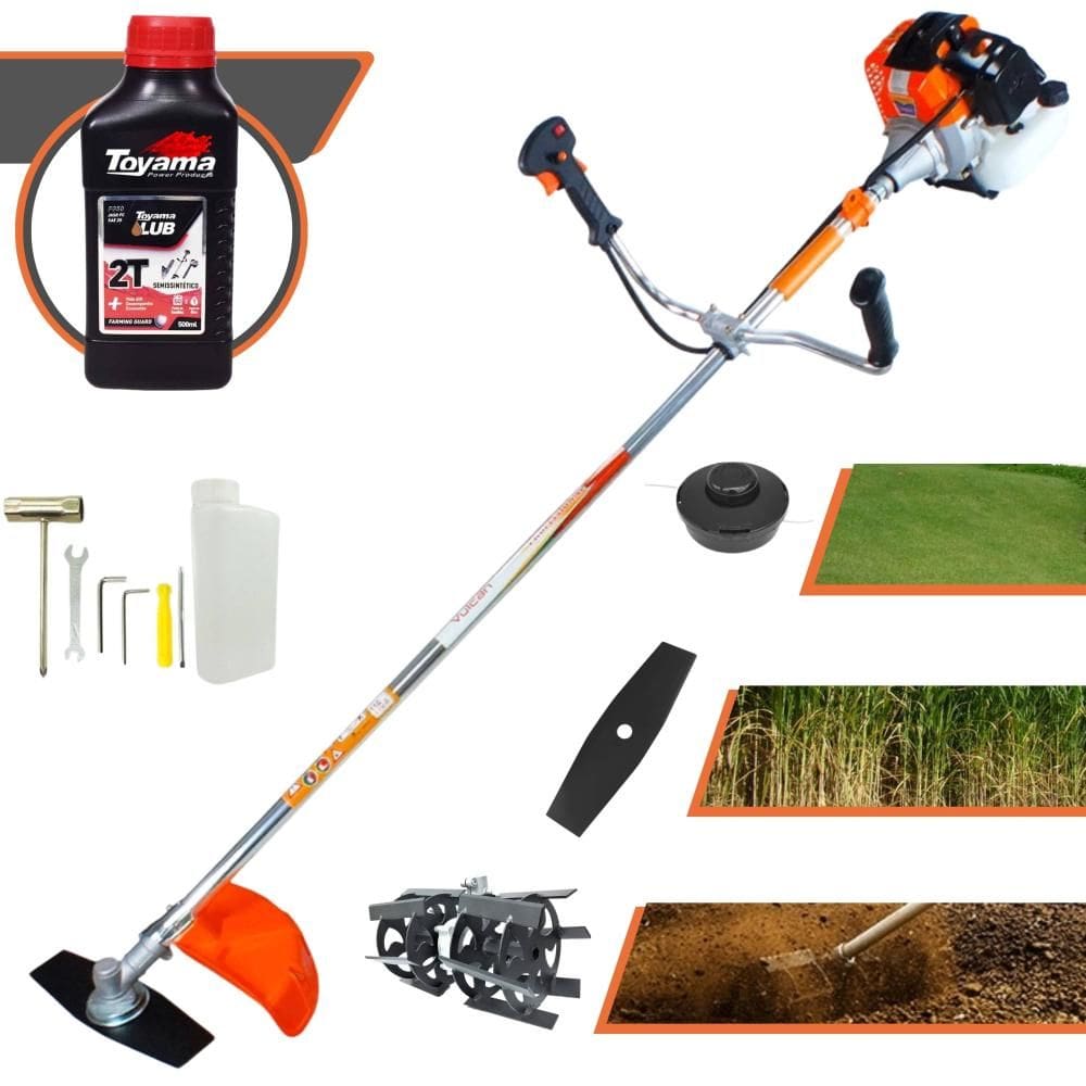 Roçadeira Lateral Vulcan VR430S À Gasolina 43cc 1,7HP de Potência 10.000rpm Completo Com Carretel + Lâmina 2 Pontas + Enxada Rotativa + ÓLEO TOYAMA 2T