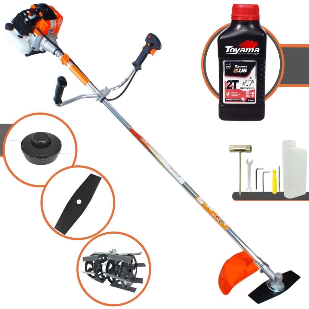 Aparador de Grama Lateral Vulcan VR430S À Gasolina 43cc 1,7HP 10.000rpm Roçadeira Com Carretel Nylon + Lâmina 2 Pontas + Enxada Rotativa + ÓLEO TOYAMA